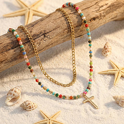 Stainless Steel Religion Cross Pendant Colorful Natural Mixed Gemstone Heishi Beaded Double Layer Necklaces for Women&nbsp;OM0198-1