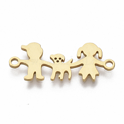 201 ステンレススチールリンクコネクター  レーザー切断  少年と犬を持つ少女  ゴールドカラー  10x24x1mm  穴：1.5mm&nbsp;STAS-R104-006G