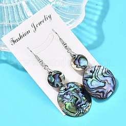 Brass Natural Paua Shell Flat Round Dangle Earrings&nbsp;EJEW-S278-01P