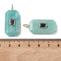 天然アマゾナイトのファセットペンダント  真鍮マイクロパヴェのランダムカラーキュービックジルコニア留めの長方形チャーム  ゴールドカラー  34.5x15x6mm  穴：4x2mm&nbsp;G-F819-02G-02