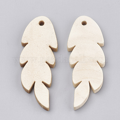 ウッドペンダント  葉  小麦  48x17.5x3mm  穴：2mm&nbsp;WOOD-T008-37-1