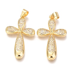 Brass Micro Pave Clear Cubic Zirconia Pendants, Cadmium Free & Lead Free, Cross, Golden, 31x19x3mm, Hole: 3mm