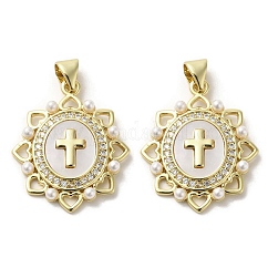 Brass Pave Shell Pendants, Religion Cross Charms with ABS Imitation Pearl, Real 18K Gold Plated, Cross, 24.5x20x2.5mm, Hole: 3.5x4mm