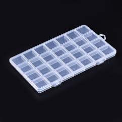 Polypropylene(PP) Bead Storage Containers, 28 Compartments Organizer Boxes, with Hinged Lid, Rectangle, Clear, 22.5x13.3x1.4cm, Hole: 16.5x6.5mm, Compartment: 3x3cm