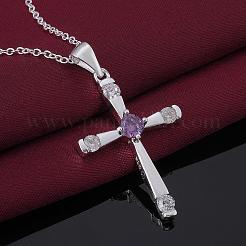 Silver Color Plated Brass Cubic Zirconia Cross Pendant Necklaces&nbsp;NJEW-BB09493