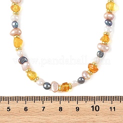 Natural Amber Beads & Cultured Freshwater Pearl Nuggets Beaded Necklaces&nbsp;NJEW-JN06406
