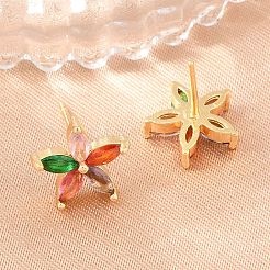 真鍮製 マイクロパヴェ キュービックジルコニア スタッドピアス 女性用  花  カドミウムフリー＆鉛フリー  長持ちメッキ  ラックめっき  18KGP本金メッキ  カラフル  11.5x12mm&nbsp;KK-A305-05G-09