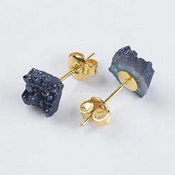 真鍮製スタンドピアスパーツ  天然石ドゥルージーアゲート付き  ナゲット  ヘマタイトメッキ  6~9x5~8.5x3~7mm  ピン：0.7mm&nbsp;EJEW-E222-C-06G