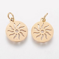 PVD真空メッキ304ステンレスペンダント  長持ちメッキ  太陽とフラットラウンド  ゴールドカラー  14x12x1.1mm  穴：3mm&nbsp;STAS-Q201-T449G