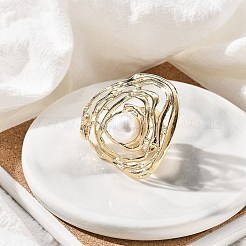 女性用ラウンド合金調節可能リング  プラスチック模造真珠付き  ライトゴールド  内径：18mm&nbsp;LS-RJEW-B108-04KCG