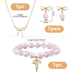 真鍮の蝶結びペンダントネックレス、スタッドピアス、ブレスレットセット  手作りの花柄磁器ペンダント付き  ゴールドカラー  ネックレス：478mm；イヤリング：20mm；ブレスレット：内径：50mm&nbsp;SJEW-DC00003