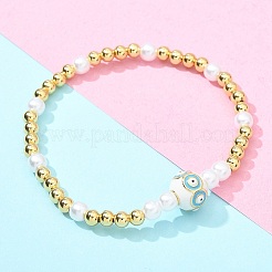 女性用真鍮ビーズストレッチブレスレット  18KGP本金メッキ  目でラウンド  ターコイズ  1/4インチ（0.5cm）  内径：2-1/8インチ（5.5cm）&nbsp;BJEW-G736-03A