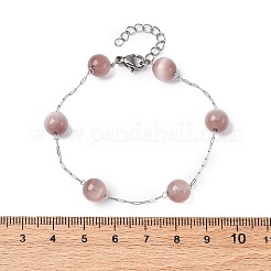 304ステンレススチールアズキチェーンブレスレット  女性用キャットアイビーズブレスレット  ロージーブラウン  7-1/4インチ（18.3cm）&nbsp;BJEW-C094-01P-01