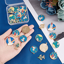30本5スタイルアロイエナメルペンダント  ライトゴールド  ラインストーンやアクリルで  魚とフラットラウンド  ミックスカラー  28x25x1.5mm  穴：1.8mm  6個/スタイル&nbsp;ENAM-PH0002-15