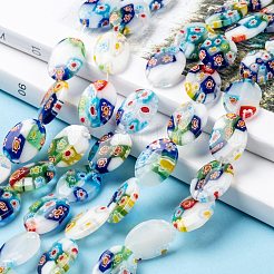 手作りミッレフィオーリガラスビーズ連売り  白磁  フラットオーバル  ホワイト  13 mm幅  長さ18mm  穴：1.2mm  22個/連  15.5インチ&nbsp;X-LK137