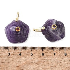 天然アメジストの彫刻ペンダント  真鍮製のマイクロパヴェキュービックジルコニア金具を使用したバラの花のチャーム  ゴールドカラー  22~22.5x22.5~23x7~8.5mm  穴：6~6.5x4~5mm&nbsp;GG-CBAF4FB-01G-07