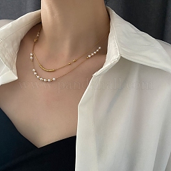 304ステンレススチールボストンリンクチェーンダブルレイヤーネックレス  プラスチックイミテーションパールビーズ付き  ゴールドカラー  14.92インチ（37.9cm）&nbsp;BJEW-K257-04G