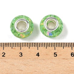 透明樹脂ロンデルヨーロピアンビーズ  ムーンスパンコールとプラチナトーンの真鍮コア付き  大穴ビーズ  ライムグリーン  14x8.5mm  穴：5mm&nbsp;RESI-S023-05