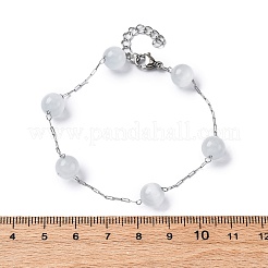304ステンレススチールアズキチェーンブレスレット  女性用キャットアイビーズブレスレット  ホワイトスモーク  7-1/4インチ（18.3cm）&nbsp;BJEW-C094-01P-06