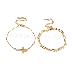 304ステンレススチールペーパークリップチェーンとアズキチェーンブレスレットセット  女性用重ね付けクロスリンクブレスレット  18KGP本金メッキ  6-7/8インチ（17.6cm）&nbsp;AJEW-U005-05A-G