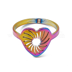 イオンプレーティング(IP) 201 ステンレススチール 中空ハート 調節可能 女性用リング  虹色  usサイズ6（16.5mm）&nbsp;RJEW-C045-02M