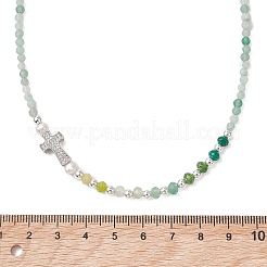 Natural Green Aventurine Faceted Round and Dyed Malaysia Jade & Pearl Beaded Necklaces with Brass Micro Pave Clear Cubic Zirconia Cross&nbsp;NJEW-JN05975-01