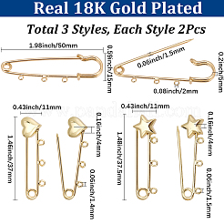 真鍮ブローチ金具 6種類 3個  長持ちメッキ  18KGP本金メッキ  11~50x15~37.5x4~5mm  穴：1.4~2mm  2個/スタイル&nbsp;KK-SC0007-67
