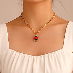 4Pcs 4 Colors Brass Rhinestone Teardrop Pendant Aluminum Chain Necklaces for Women&nbsp;NJEW-HY0001-33
