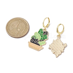 合金エナメルフープピアス  304ステンレススチールフレンチフックピアス金具付き  植物と猫の形  ゴールドカラー  40~41x18.5~19.5mm&nbsp;EJEW-JE05796