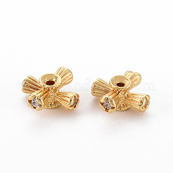 真鍮製の透明なキュービックジルコニアビーズ  ニッケルフリー  クロス  18KGP本金メッキ  9x9x4mm  穴：1mm&nbsp;KK-N233-111-NF