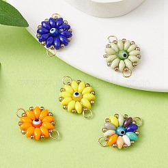 ガラス＆ランプワークコネクタチャーム  ナザールボンジュウの花のリンクと金色のトーンの304ステンレススチールのダブルループ  ミックスカラー  20x15x4mm  穴：3mm&nbsp;PALLOY-YW0001-49