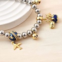 女性用真鍮エナメルラウンドビーズチャームブレスレット  クリアキュービックジルコニア  カドミウムフリー＆鉛フリー  ラックめっき  長持ちメッキ  プラチナ·ゴールデン  内径：2インチ（5.2cm）  ペンダント：10.5x7.5mm / 10.5x4.5mm&nbsp;BJEW-D317-11B-PG