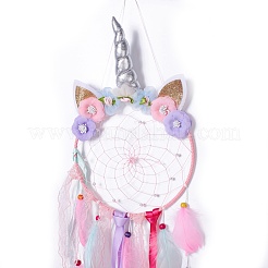 Handmade Unicorn Woven Net/Web with Feather Wall Hanging Decoration&nbsp;HJEW-A001-01A