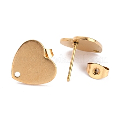 イオンプレーティング（IP）304ステンレススチールスタッドピアス金具  ピアスキャッチ/ピアスバックキャッチと穴付き  ハート形  ゴールドカラー  12x13x1mm  ピン：0.8mm&nbsp;X-EJEW-O104-15G