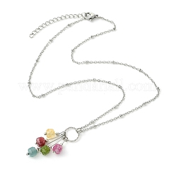 Natural Multicolor Tourmaline Faceted Cube Beaded Tassel Pendant 304 Stainless Steel Satellite Chain Necklaces for Women&nbsp;NJEW-JN06448-01