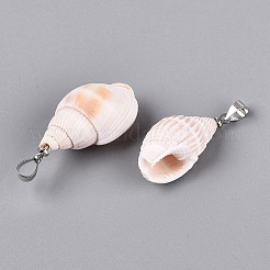 真鍮と天然の螺旋状の貝殻のペンダント  巻貝チャーム  プラチナ  貝殻色  16~34x8~19x8~17mm  穴：4~5x3.5mm&nbsp;SHEL-Q029-18P