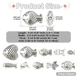 40個10スタイルチベットスタイルアロイビーズ  魚  カドミウムフリー＆鉛フリー  アンティークシルバー  5~17x8~20.5x2.5~7.5mm  穴：1~1.6mm  4個/スタイル&nbsp;TIBEB-FS0001-20