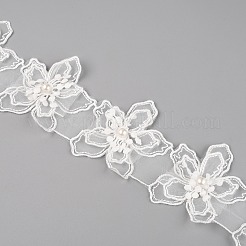 オーガンジーパールリボン  花刺繍レーストリムリボン  ホワイト  3インチ（77mm）  15ヤード/カード&nbsp;FW-TAC0003-03