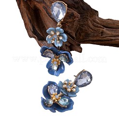 合金とアクリルのダングルスタッドピアス  樹脂＆ラインストーン付き  花  ゴールドカラー  スチールブルー  52x24mm&nbsp;FS-WG9FA2A-01
