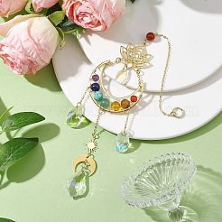 7チャクラの宝石と蓮の月の吊り下げ飾り  家庭菜園の装飾用のガラスの葉のティアドロップタッセルサンキャッチャー  ゴールドカラー  290mm&nbsp;HJEW-TA00176