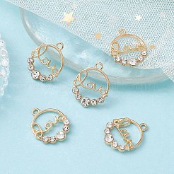 合金クリスタルラインストーンペンダント  愛という言葉のリングチャーム  ゴールドカラー  21.5x17x3.5mm  穴：1.6mm&nbsp;FIND-YW0001-99