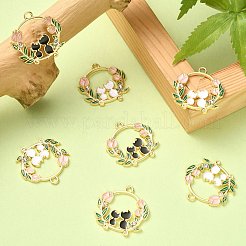 20本2色合金エナメルペンダント  ライトゴールド  猫チャーム付きリース  ミックスカラー  25x25x2.3mm  穴：2mm  10個/カラー&nbsp;ENAM-CJ0004-20