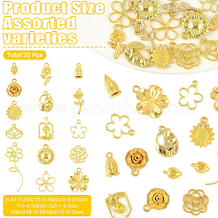 30本15スタイルアロイペンダント  花のチャーム  ゴールドカラー  11~45x6.5~20x1~7mm  穴：1.2~2.5mm  2個/スタイル&nbsp;FIND-YW0009-85