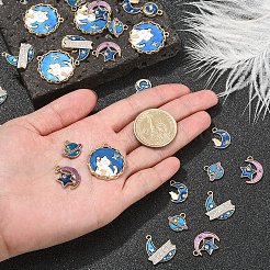 30個6スタイルアロイエナメルペンダント  カドミウムフリー＆鉛フリー  フラットラウンド＆ムーン＆スター  ブルー  12~26x10~23.5x2~2.5mm  穴：1.6mm  5個/スタイル&nbsp;ENAM-CJ0003-07