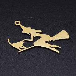 ハロウィン 201 ステンレス ペンダント  レーザー切断  猫と魔女  ゴールドカラー  40x36x1mm  穴：1.8mm&nbsp;STAS-Q237-LA289
