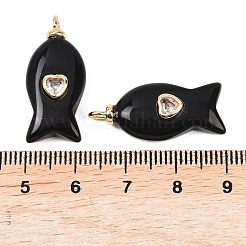 天然石オブシディアンペンダント  真鍮マイクロパヴェキュービックジルコニアの留め具が付いた魚のチャーム  長持ちメッキ  18KGP本金メッキ  カドミウムフリー＆鉛フリー  27x12x6mm  穴：2mm&nbsp;G-Z134-06G-02