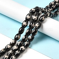 チベット風ジービーズ連売り  天然石&染め加工瑪瑙ビーズ  ライス  ブラック  クモ柄  13~14x9.5~10mm  穴：1.4mm  約25個/連  13.58インチ（34.5cm）&nbsp;G-F726-A10