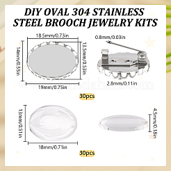 楕円形の304ステンレススチール製ブローチジュエリーキット（DIY）  透明なガラスのカボションを含む  ステンレス鋼色  14~18x13~19x2.8~5mm&nbsp;DIY-SC0026-71