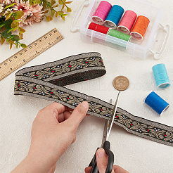 エスニック風刺繍ポリエステルリボン  花柄  ブラック  1-3/8インチ（34mm）  約7.66ヤード（7m）/ロール&nbsp;OCOR-WH0067-74B