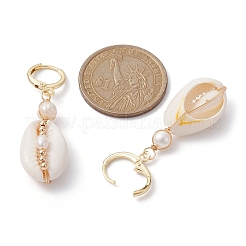 天然シェル&パールダングルフレンチフックピアス  真鍮ワイヤーラップドロップイヤリング  18KGP本金メッキ  45x14mm&nbsp;EJEW-JE05434